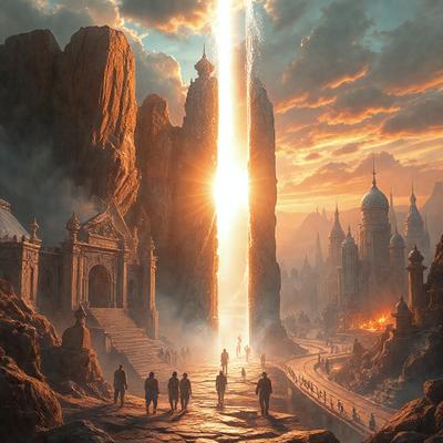 Primary subject: A group of people walking on a path in a mountainous area.

Setting/background: The scene takes place in a mountainous region, with a large rock formation and a castle in the background.

Visual style: The image is a digital art piece, featuring a detailed and intricate mountain landscape.

Colors and mood: The colors in the image are predominantly earthy tones, such as browns, greens, and grays, which create a sense of depth and natural beauty